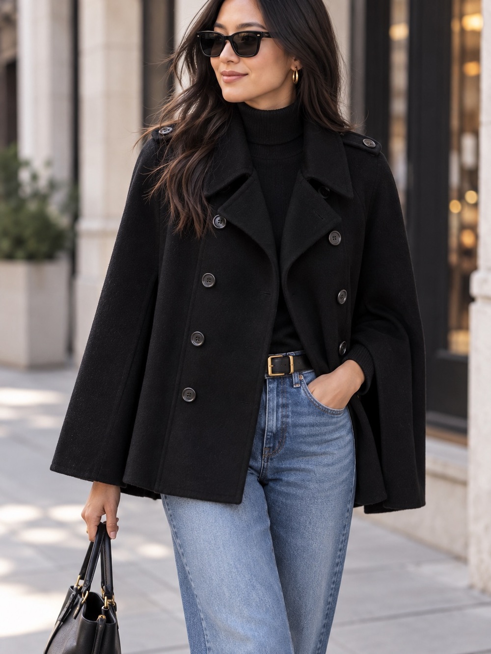 ❤️MAKE OFFER❤️ NWT Diva Black Double-Breasted Wool Cape Coat Jacket Winter Large